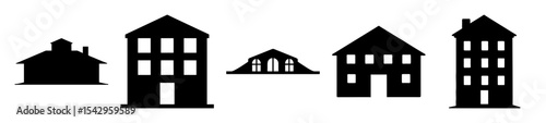 Silhouette image depicting a stylized row of various buildings in a town