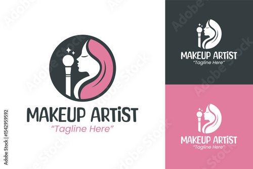 Creative Makeup Artist Logo with Brush in Pink and Black Design