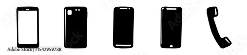 Diverse depictions of telephones including smartphones and a landline handset silhouette