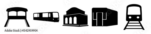 Black and white silhouettes of various train car transportation methods art