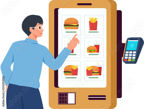 Εκτύπωση καμβά men customer ordering fast food through self-ordering kiosk buying and paying te