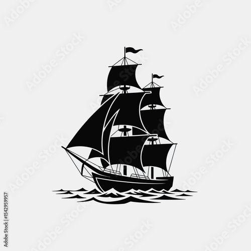 Black And White Graphic Of Three Masted Sailing Ship On Waves boat