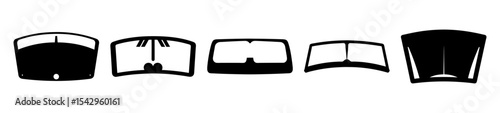 Black and white illustration of five various car dashboard instruments panels