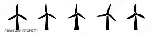 Five Black Wind Turbine Silhouettes Against White Background Representing Renewable Energy