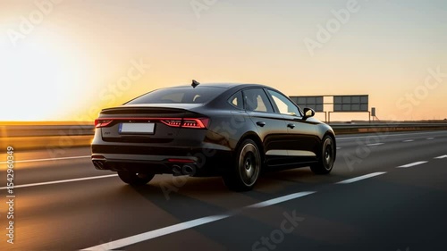 Black sedan is cruising down an open highway during sunset, highlighting its sleek design and dynamic lines, evoking a sense of freedom and adventure in automotive travel