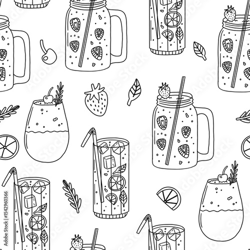 Cocktail glass drink outline seamless pattern. Alcohol cocktail drink party background. Vector illustration