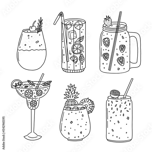 Summer glass drink cocktail collection. Cocktail fruit beverage juice for menu. Doodle sketch vector illustration