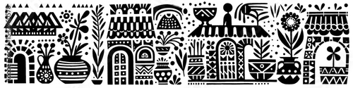 Hand‑Drawn Gate and Decor Illustration, Tribal Garden Folk Art Pattern Vector for Architecture and Home Decoration Themes Design