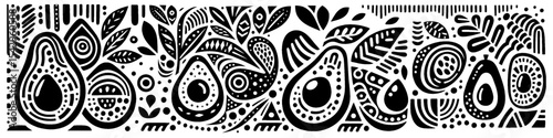 Hand‑Drawn Avocado Fruit Illustration, Tribal Tropical Folk Art Pattern Vector for Food and Healthy Lifestyle Themes Design