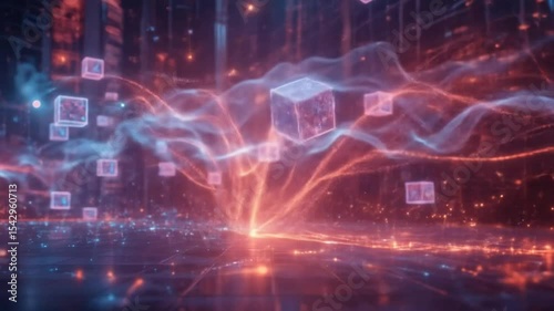 Abstract digital background with glowing data streams and floating cubes, representing the future of technology in an empty space. 4k video