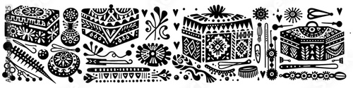 Hand‑Drawn Accessories Container Illustration, Tribal Storage Folk Art Pattern Vector for Home Organization and Fashion Themes Design