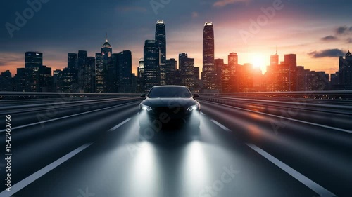 Black car is speeding along a highway with bright headlights, set against a breathtaking city skyline at sunset, highlighting the dynamic energy of urban life and modern transportation