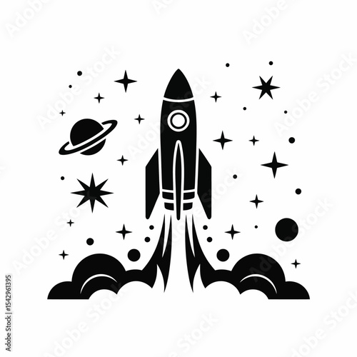 Black And White Rocket Launching Into Space Stars Planets vector