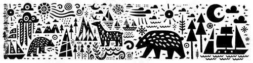Hand‑Drawn Polar Bear and Ship Illustration, Tribal Arctic Folk Art Pattern Vector for Ocean and Wildlife Adventure Themes Design
