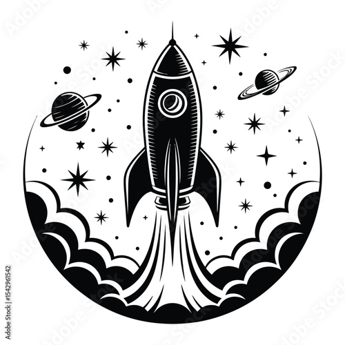 Black And White Rocket Launching Into Space With Planets And Stars vector