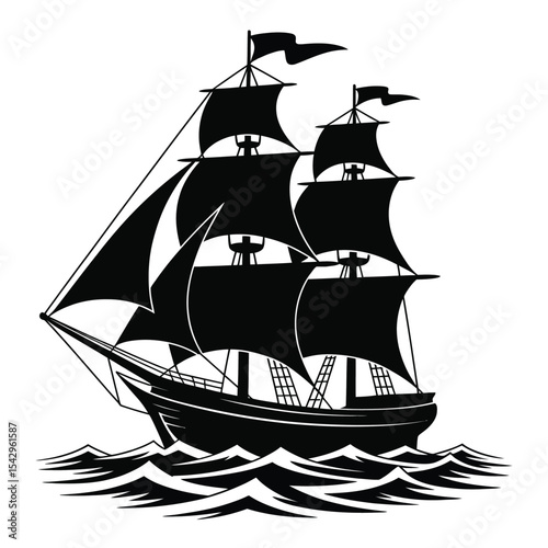 Black And White Sailing Ship Graphic Three Masts Ocean Waves sailboat