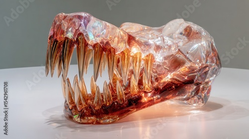 A mesmerizing sculpture of a crocodile skull exhibits sharp teeth and intricate details, symbolizing the raw power and beauty of nature, showcased in a minimalist display.