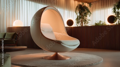 This artistic chair design, resembling an egg, offers a modern and cozy seating option in a well-lit and beautifully decorated contemporary living space.