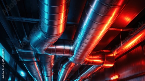 An abstract industrial scene depicting metallic pipes intertwined, evoking a sense of complexity and modernity within an urban environment, enhanced by colorful lighting.