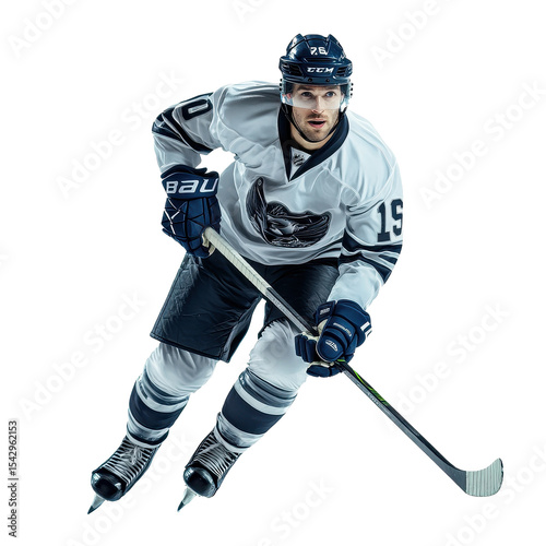 Ice hockey player skating with stick on white background in dynamic pose during practice, Ice Hockey Player with Stick, Isolated, white background