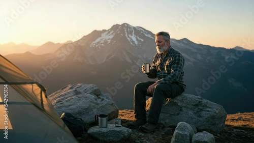 A man enjoys a drink at sunrise atop a mountain peak. A camping tent is in the foreground
