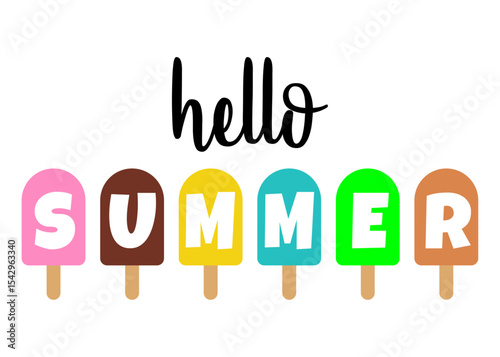 Logo popsicle. Concepto de vacaciones y viajes. Texto hello summer en helados de paleta
