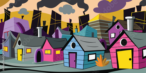 Colorful cartoon houses in a town with industrial buildings and smoke in the background on a yellow sky
