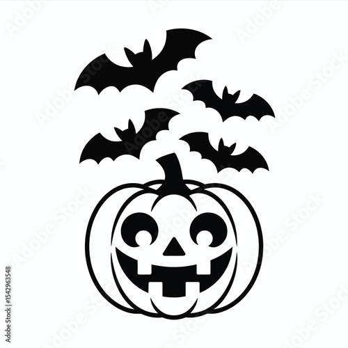 Black Outline Illustration Smiling Jack O Lantern Bats Halloween jackolantern pumpkin