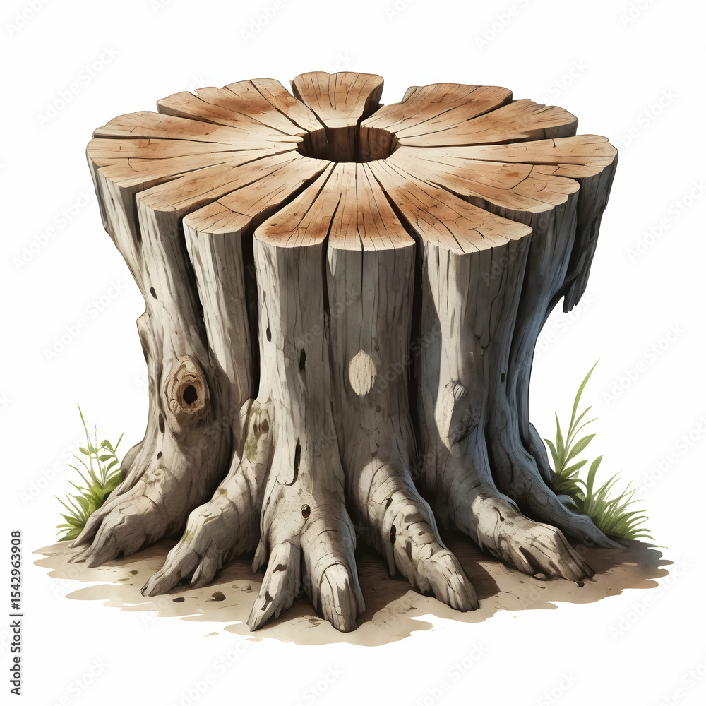 Obraz premium tree stump with rough bark texture and visible growth rings showcasing natural wood patterns and isolated on white backgroun