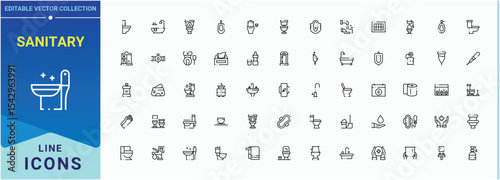 Sanitary icon set. Contains such symbols as toilet, hygiene, disinfect, washroom, bath and more. Bathroom icon set. Collection of simple line web icons. Editable vector stroke.