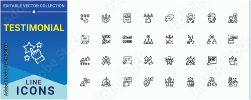 Testimonial icon set. Includes thin line symbols happy, review, like, feedback and more. Satisfaction icon set. Simple line vector icons. Editable stroke. Pixel Perfect.