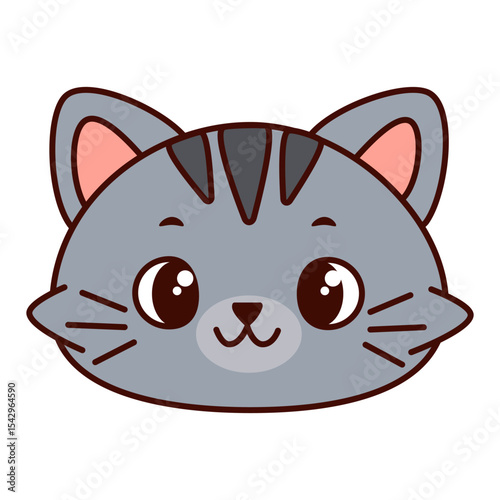 Cute cartoon cat head with gray fur and dark stripes. The cat has big, expressive eyes and a playful expression. Kawaii pet. Vector illustration