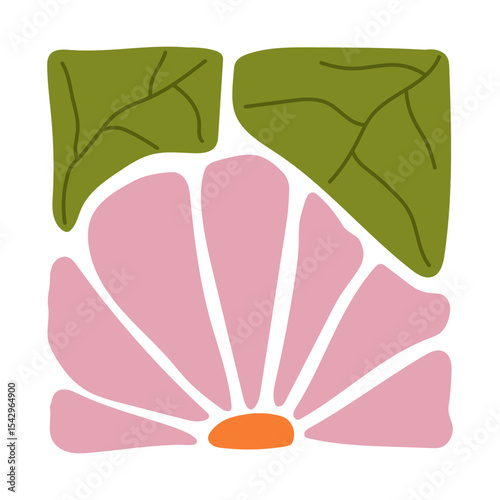 Hand-drawn colorful floral element in a decorative square frame with circular details. Abstract flower petals and leaf design. Perfect for scrapbooking, crafts, textile design, digital art, and decor.