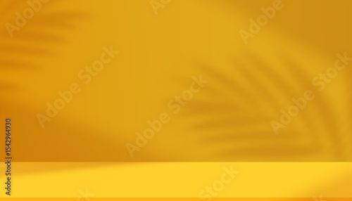 Yellow Background with Light,Shadow Palm leaf on 3d Podium Display for Summer Product Design Banner,Vector Abstract minimalist stage mockup of pedestal platform with white wall interior studio