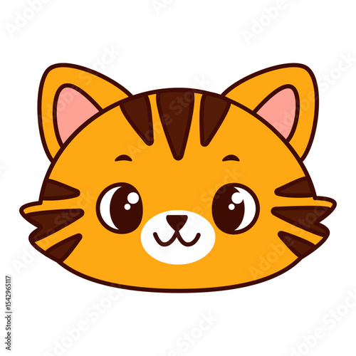 Cute cartoon cat head with red fur and brown stripes. The cat has big, expressive eyes and a playful expression. Kawaii pet. Vector illustration