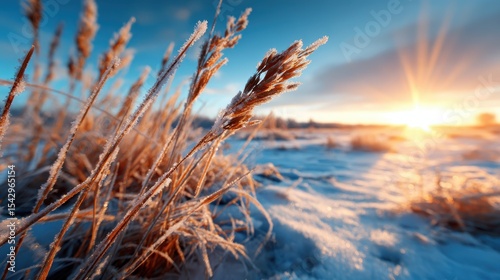 Glistening frost coats the tall grass as the sun rises over a winter landscape, illuminating the beauty of nature and evoking feelings of serenity and peace.