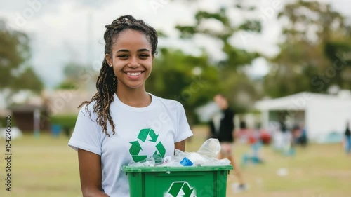 Smiling Black Young Woman Holding a Recycling Bin in a Park