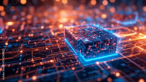 Abstract digital background with glowing data streams and floating cubes, representing the future of technology in an empty space. 4k video