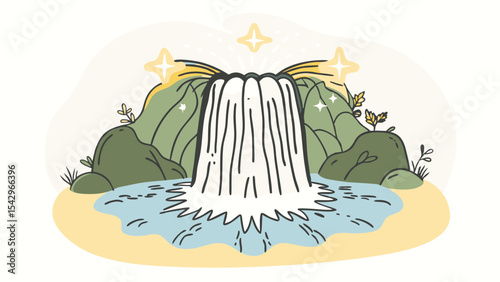 Illustration of a waterfall cascading down between green hills with sparkling stars above it all