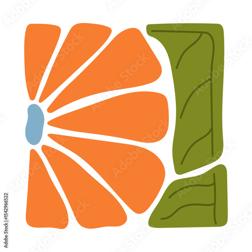 Hand-drawn colorful floral element in a decorative square frame with circular details. Abstract flower petals and leaf design. Perfect for scrapbooking, crafts, textile design, digital art, and decor.