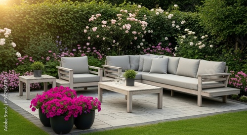 A spacious sectional sofa with plush cushions on a terrace, offering a view of a well-kept garden path.