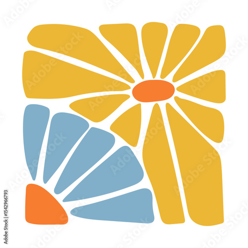 Abstract yellow flower with orange center in a modern hand-drawn style. Bold floral composition with simple petals. Perfect for textile, crafts, digital art, wall decor, print, and creative projects.