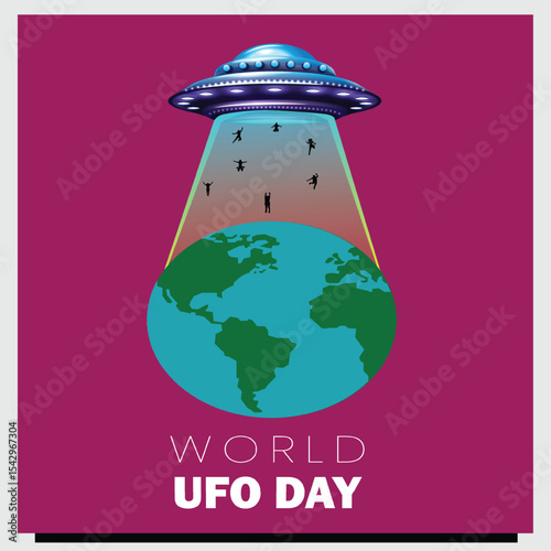 World UFO Day concept with Aliens Abducting Humans from Earth vector illustration poster design 
