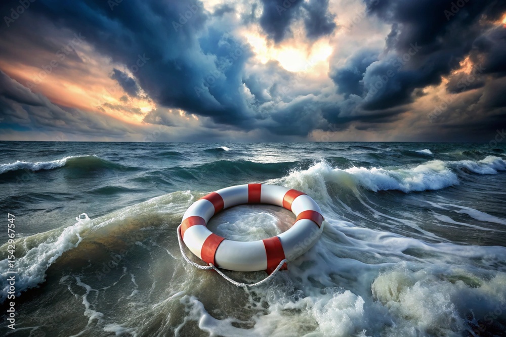 Naklejka premium A life preserver is floating in the ocean