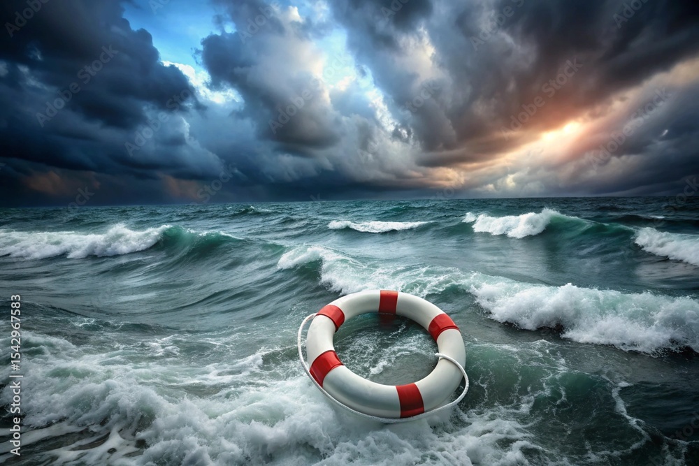 Naklejka premium A life preserver is floating in the ocean