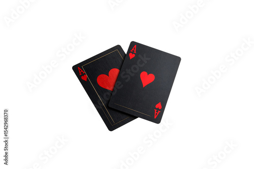 Two black ace of hearts playing cards on red game dark on transparent background
