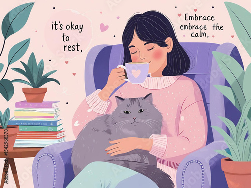 Flat style vector illustration of a person sitting with a cat, drinking tea, surrounded by books and houseplants, with positive affirmations floating around, 