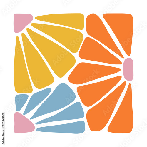 Abstract colorful floral design with blue and orange flower petals and green leaf. Hand-drawn modern botanical composition. Perfect for textile, crafts, digital art, wall decor, and print projects.