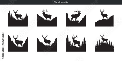 Elegant elk silhouette designs depicting nature and wilderness scenes in black and white