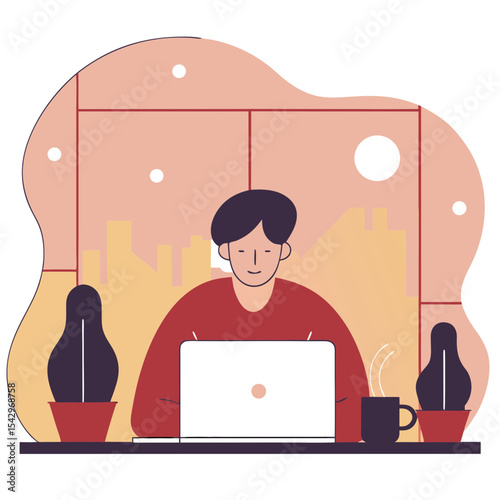 Man Working Alone and Productively on Laptop from Home Office, Focused on Tasks in a Serene Environment with Cityscape View.